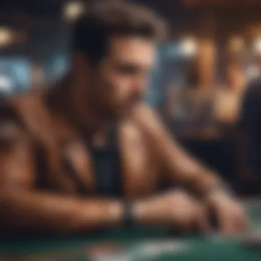 A close-up of a poker player deep in thought, with cards in hand and a focused expression.