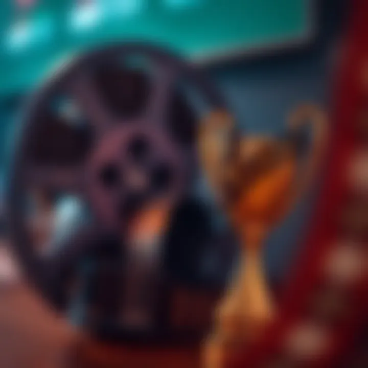 A close-up of a film reel with a trophy