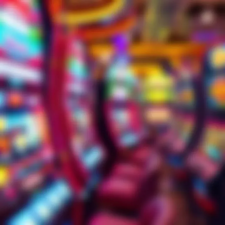 Close-up of colorful slot machines in action