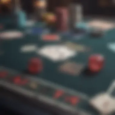 A vibrant tabletop scene showcasing a blackjack setup with cards and chips