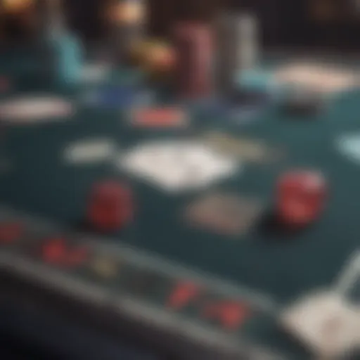 A vibrant tabletop scene showcasing a blackjack setup with cards and chips