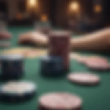 Close-up of poker chips and cards on the table, representing strategic play.