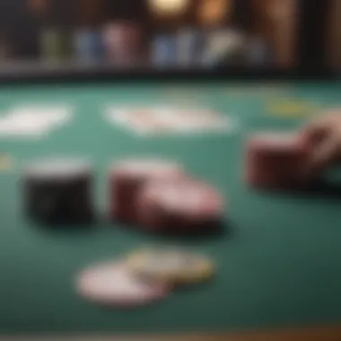 Close-up of poker chips and cards on a gaming table